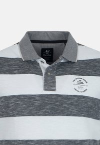 Koszulka polo w szaro-białe paski z kołnierzykiem, trzema guzikami oraz haftowanym logotypem na piersi. Wykonana z mieszanki bawełny.
