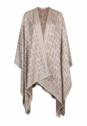 Poncho beige clair avec motif géométrique abstrait, bord rayé et ourlet à franges, devant ouvert drapé, tissu doux et texturé.