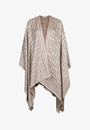 Lichtbeige poncho met abstract geometrisch patroon, gestreepte rand en franjes aan de zoom, open vallende voorkant, zacht gestructureerde stof.