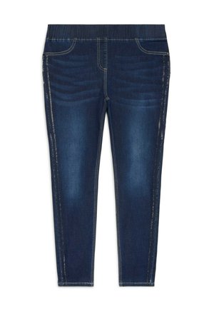 Dunkelblaue Skinny Jeans mit elastischem Bund und subtilen Verwaschungen an den Oberschenkeln, ausgestattet mit seitlichen Nahtdetails und Kontrastnähten.