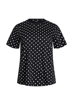 T-shirt nera a maniche corte con pois bianchi distribuiti uniformemente, scollo tondo e vestibilità leggermente ampia.