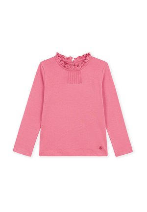 Roze meisjesshirt met lange mouwen, gerimpelde hoge kraag en verticale plooien onder de halslijn, klein logo linksonder op de zoom.
