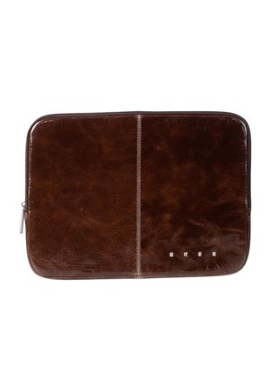 Dark brown leather zippered laptop sleeve with stitching detail and small white Bree brand letters on the front lower right corner.