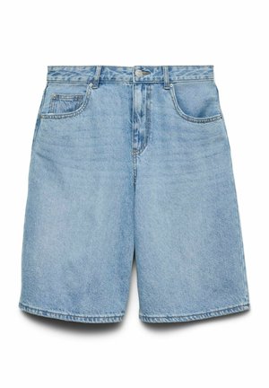 Gai zila denima šorti ar taisnu piegriezumu, piecu kabatu dizainu un pogu aizdari. Audumam ir gluda tekstūra un viegla balināšana.