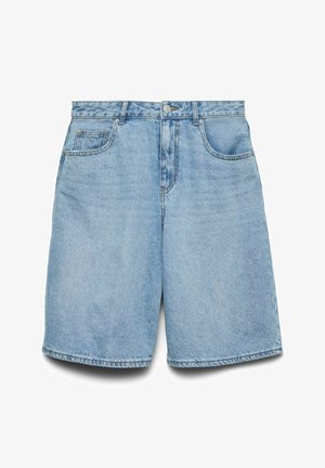 Gai zila denima šorti ar taisnu piegriezumu, piecu kabatu dizainu un pogu aizdari. Audumam ir gluda tekstūra un viegla balināšana.