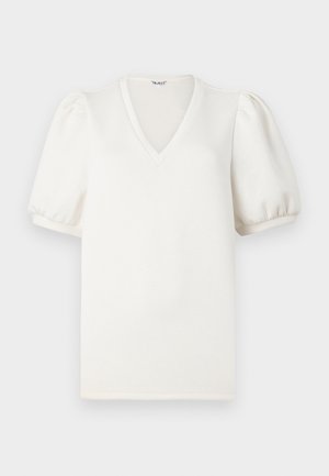 T-shirt blanc à col en V avec manches courtes bouffantes. Confectionné dans un tissu doux, il présente une surface lisse et texturée ainsi qu'une coupe décontractée.