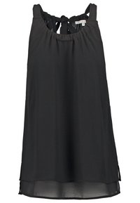 Blouse en chiffon noir sans manches avec encolure dégagée et détail noué dans le dos, coupe ample et ourlet superposé légèrement transparent.