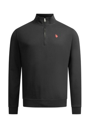 Black sweatshirt with a quarter-zip collar, ribbed cuffs, and hem. Features a small red logo on the left chest. Soft fabric texture.