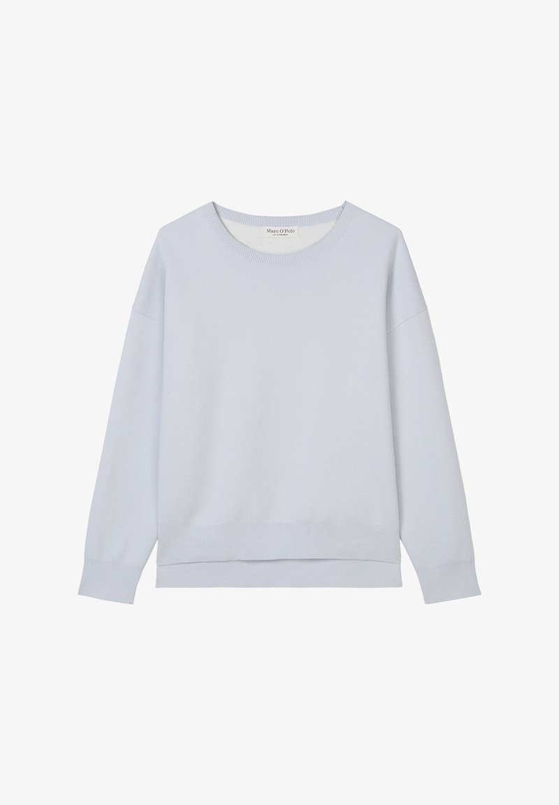 Pull tricoté bleu clair à manches longues avec encolure ronde et bords-côtes aux poignets et à l’ourlet, étiqueté Marc O’Polo.