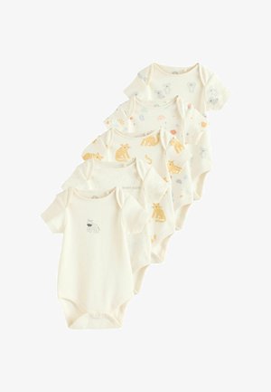 Set od šest kratkih bodija za bebe u krem boji, s uzorcima životinja, razigranim printovima i kopčama na dnu.
