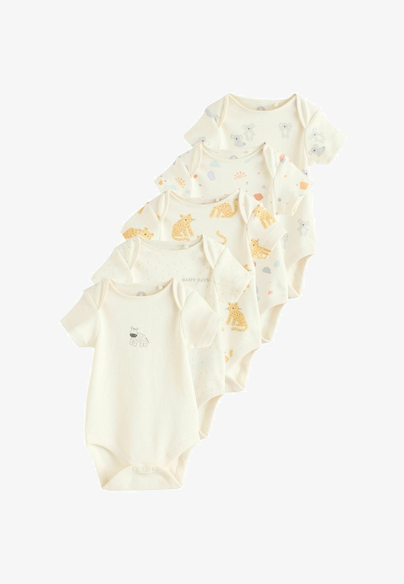 Hat darab krémszínű rövid ujjú bababody szett, állatmintákkal, játékos nyomatokkal és patentos rögzítéssel az alján.