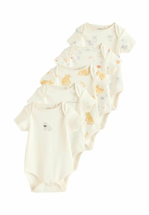 Set aus sechs kurzärmeligen Baby-Stramplern in Cremefarben mit Tiermotiven, verspielten Drucken und Druckknöpfen am unteren Saum.