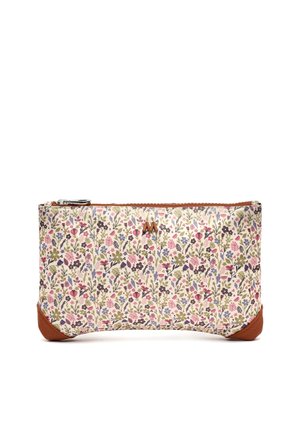 Bustina rettangolare con motivo floreale rosa, viola e verde, angoli con dettagli marroni e chiusura con cerniera superiore.