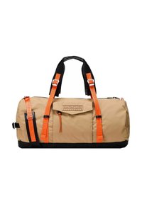 Borsa a tracolla beige con dettagli neri, realizzata in tessuto resistente, con manici arancioni, una tasca frontale e chiusura zip per un accesso facile.