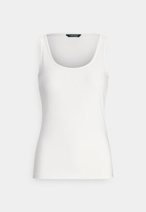 Wit tanktop van geribbelde stof, met een ronde halslijn en brede bandjes. Soepele textuur met een nauwsluitende pasvorm.