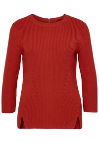 Roter Strickpullover mit Rundhalsausschnitt, Dreiviertelärmeln, seitlichen Schlitzen und strukturiertem Muster. Reißverschlussdetail am Rücken.