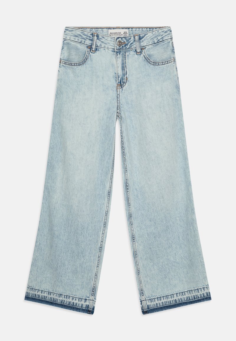 Vaaleansiniset leveät farkut, joissa on denim-kangas, nappisulku, viisi taskua ja erottuva ommel saumoissa.