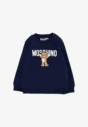 Felpa blu navy con polsini e scollatura a costine. Presenta una grafica di un orso beige e il testo "MOSCHINO" in bianco.