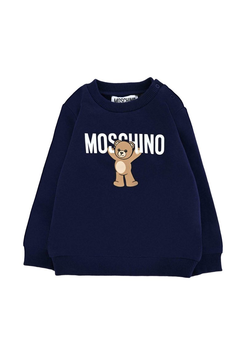 Felpa blu navy con polsini e scollatura a costine. Presenta una grafica di un orso beige e il testo "MOSCHINO" in bianco.
