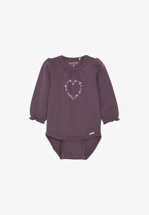 Lila Langarm-Bodysuit für Babys mit gepufften Ärmeln, ausgestattet mit einem floralem Herzen Design in der Mitte und Druckknopfverschluss im Schritt.