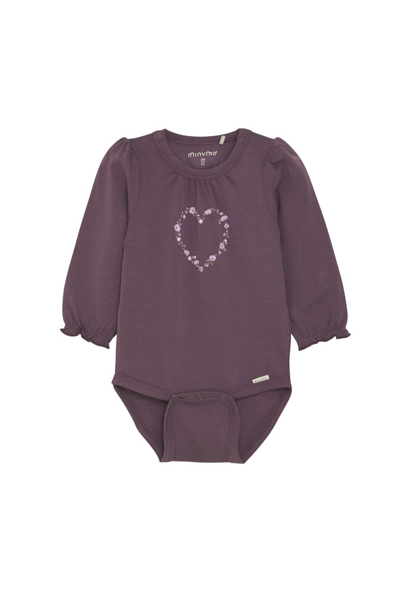 Lila långärmad baby kroppströja med puffärmar, prydd med en blommig hjärtformad design i mitten och tryckknappar i botten.