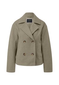 Olijfgroene wolblend peacoat met een dubbelgebreid ontwerp, geknipte revers en twee bruine knoopaccenten. Voorzien van zijzakken.
