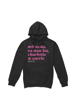 Black hoodie with pink text listing "miranda, samantha, charlotte & carrie" and small white "Sex and the City" logo below.