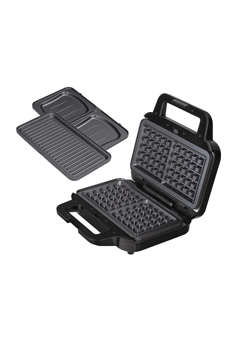 Gaufrier électrique noir avec plaques antiadhésives présentant un motif en grille. Comprend une plaque de grill, une poignée robuste et une charnière pour une ouverture facile.