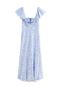 Kukkakuvioinen maximekko vaaleansinisessä sävyssä, jossa on keltaisia kukkakuvioita, rypytetty hihansuu ja nelikulmainen pääntie. Sujuva kangas, virtaava muotoilu.