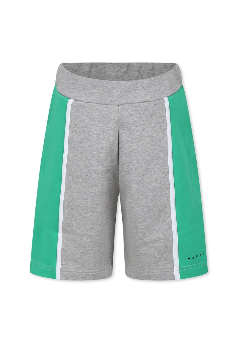 Pantaloni corti grigi con pannelli laterali verdi, rifinitura bianca e vita elasticizzata. Realizzati in un tessuto morbido con una vestibilità rilassata. Logo del marchio visibile sulla gamba.