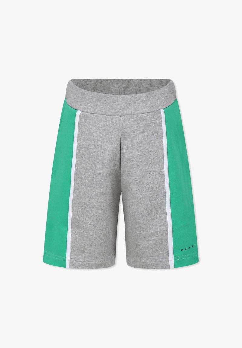 Grijze shorts met groene zijkanten, witte rand en een elastische tailleband. Gemaakt van zachte stof met een losse pasvorm. Merkl logo zichtbaar op het been.