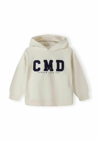 Cream hoodie with a front navy embroidered "CMD" logo and "CAMDEN LOCK 1997" text; features a kangaroo pocket and ribbed cuffs.