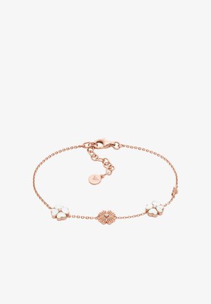 Ruusupronssinen rannekoru, jossa kukka-aiheisia yksityiskohtia, kahdella valkoisella kukkakuviolla ja teksturoitulla keskiosalla. Sisältää hummerilukon.