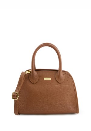 Brown textured leather handbag with dual handles and a detachable shoulder strap, featuring a gold logo plate and smooth stitching details.