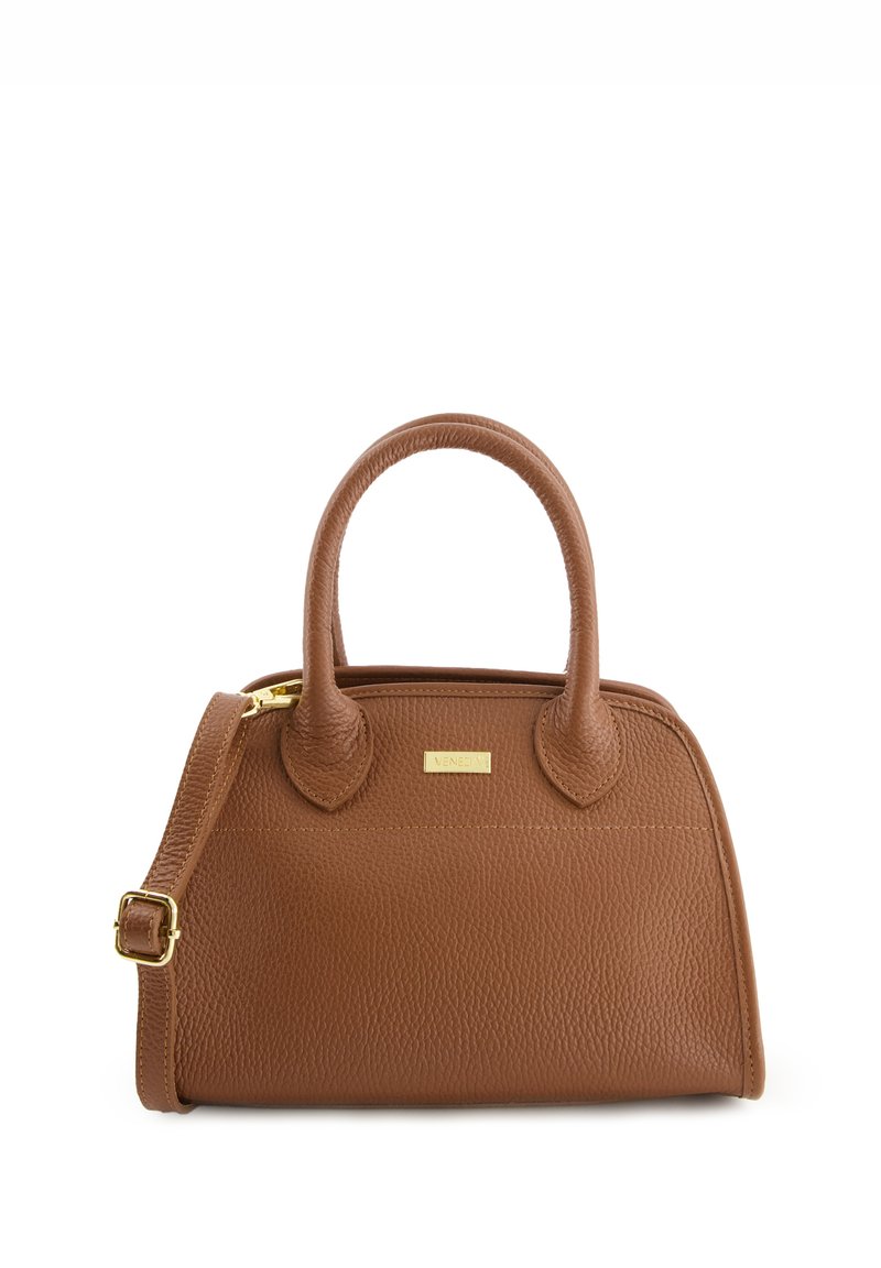 Brown textured leather handbag with dual handles and a detachable shoulder strap, featuring a gold logo plate and smooth stitching details.