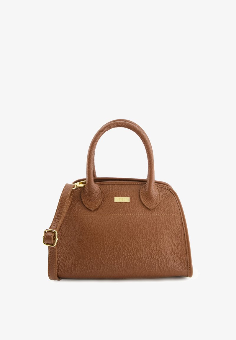 Brown textured leather handbag with dual handles and a detachable shoulder strap, featuring a gold logo plate and smooth stitching details.