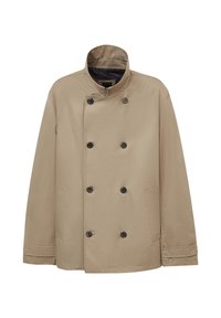 Giacca beige doppiopetto realizzata in tessuto morbido, con colletto alto, bottoni neri e tasche laterali.