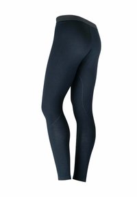 Leggings neri realizzati in materiale elasticizzato, con vita alta, design aderente e superficie liscia con dettagli di cucitura sottili.