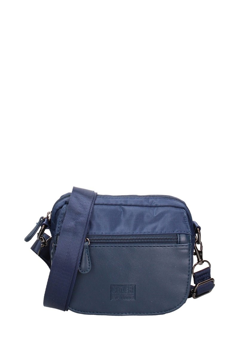 Borsa a tracolla blu realizzata in nylon e pelle, dotata di scomparto principale con zip, tasca frontale e tracolla regolabile.