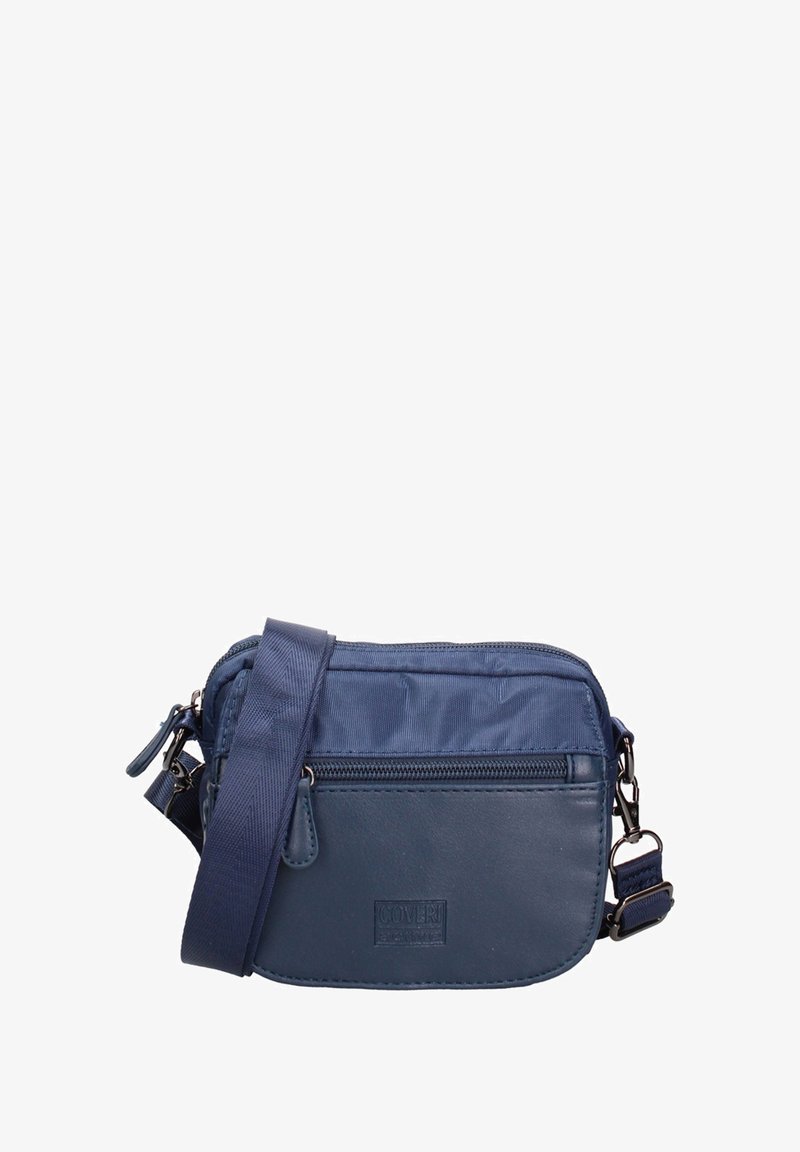 Borsa a tracolla blu realizzata in nylon e pelle, dotata di scomparto principale con zip, tasca frontale e tracolla regolabile.