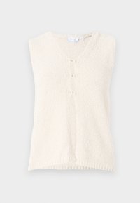 Gilet sans manches de couleur crème avec un col en V, fait d'un tissu texturé, comportant trois boutons sur le devant et un ourlet droit.