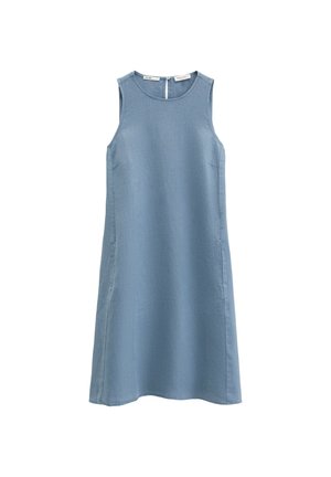 Ärmelloses, knielanges blaues Kleid mit rundem Ausschnitt und Knopfverschluss am Rücken, aus leichtem Stoff gefertigt.