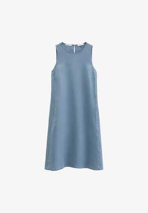 Robe bleu sans manches longueur genou avec un col rond et une fermeture à boutons dans le dos, fabriquée en tissu léger.