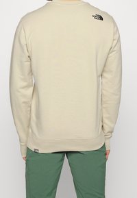 Sudadera beige con cuello redondo, puños y dobladillo acanalados. Presenta un logo negro en la parte alta de la espalda. Combinada con pantalones verdes.