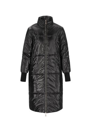 Schwarzer gepolsterter langer Mantel mit hohem Kragen, Reißverschluss und elastischen Bündchen. Glänzende Oberfläche mit gesteppten Abschnitten für Struktur.