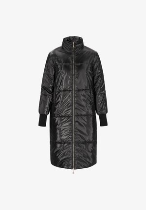Schwarzer gepolsterter langer Mantel mit hohem Kragen, Reißverschluss und elastischen Bündchen. Glänzende Oberfläche mit gesteppten Abschnitten für Struktur.