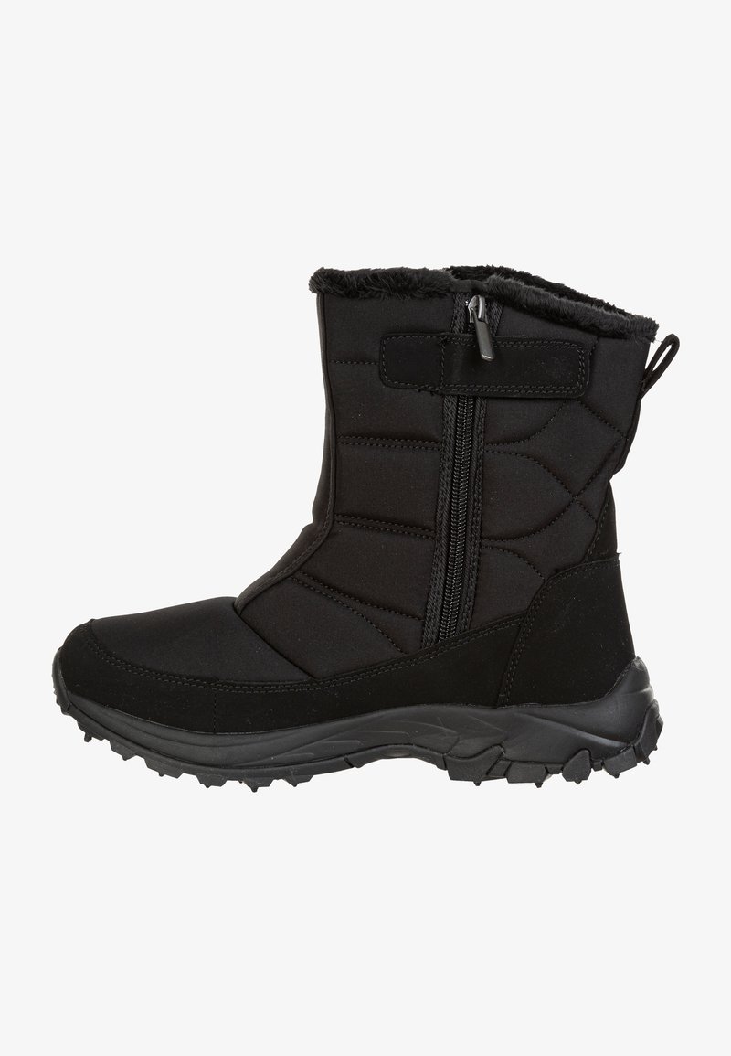 Svart isolerad ankelsko med kviltat tyg, dragkedjestängning, fuskpälsfoder och texturerad gummisula för ökad dragkraft.