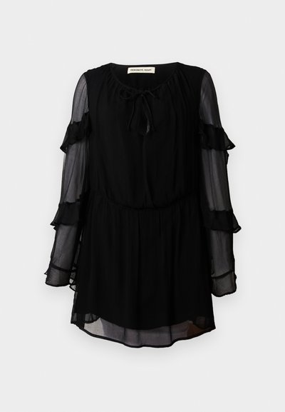 Black dress made of lightweight fabric, featuring a round neckline, tied detail, and ruffled long sleeves. Flowy silhouette with a gathered waist.