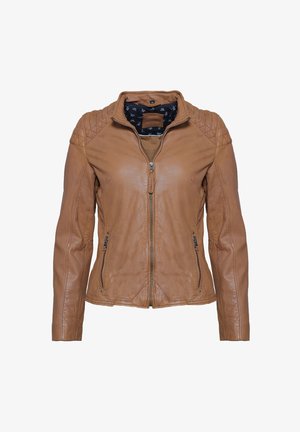 Ruskea nahkatakki, jossa on seisova kaulus, tikatut olkapääkoristeet ja vetoketjulliset etutaskut, joissa on kuviollinen vuori.