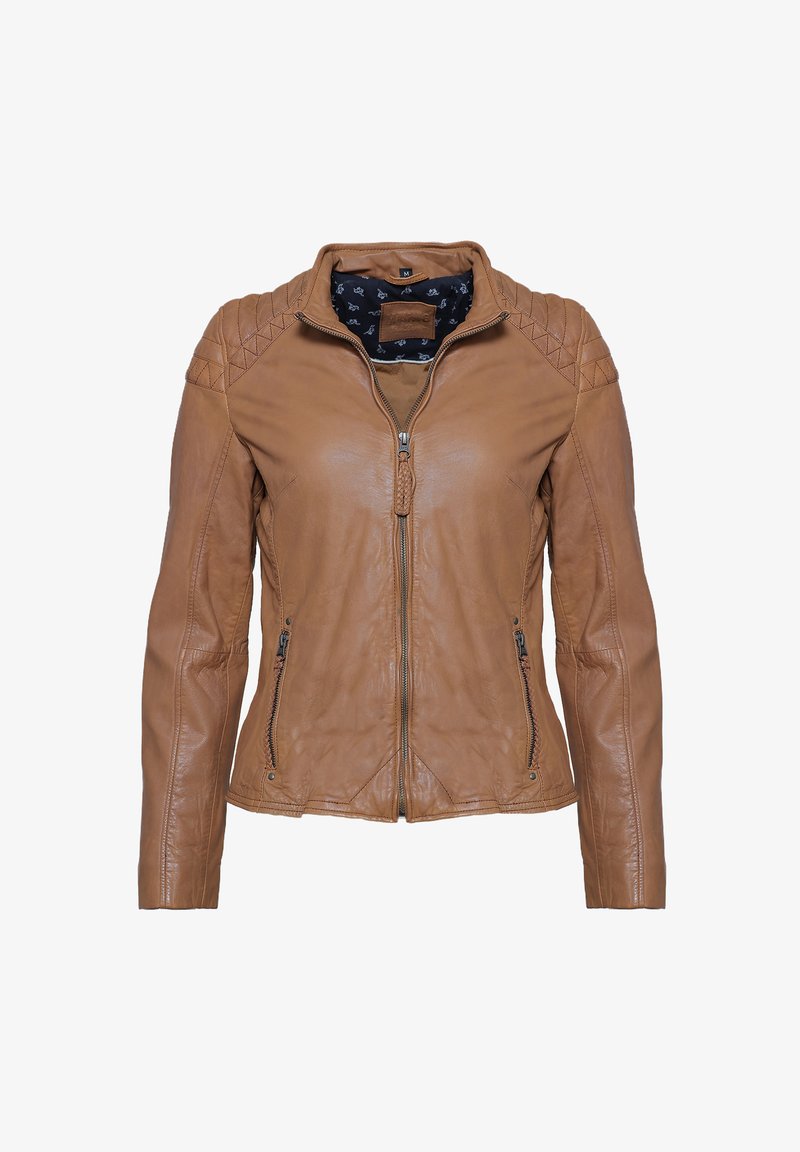 Bruine leren jas met een staande kraag, geblokte schouderaccenten en ritsvakken aan de voorkant met een gestreepte binnenvoering.